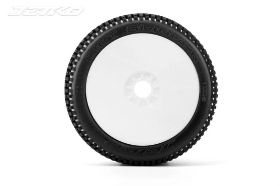 Jetko Dirt Slinger Soft 1:8 Buggy Tyres Pre Glued on White Revo Rims (2)