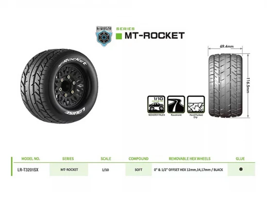 Louise RC MT-Rocket Tyres Pre Glued on Black Wheels With Adjustable 12/14/17mm Hex (2)