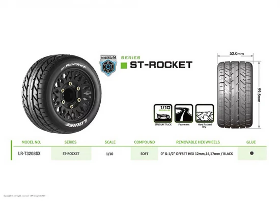 Louise RC ST-Rocket Tyres Pre Glued on Black Wheels With Adjustable 12/14/17mm Hex (2)
