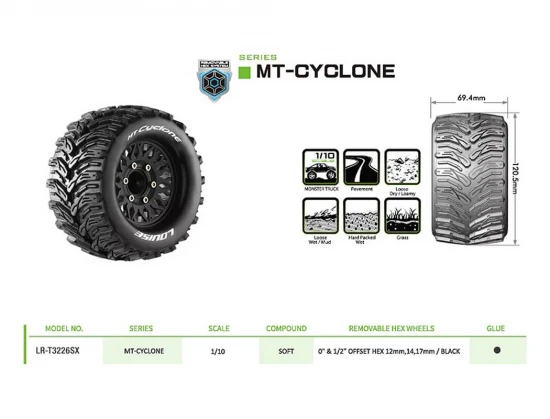 Louise RC MT-Cyclone Tyres Pre Glued on Black Wheels With Adjustable 12/14/17mm Hex (2)