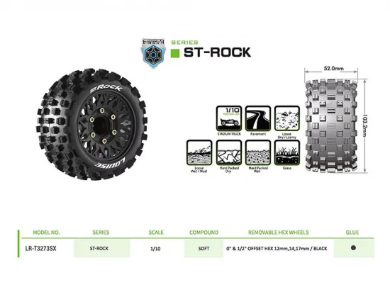 Louise RC ST-Rock Tyres Pre Glued on Black Wheels With Adjustable 12/14/17mm Hex (2)