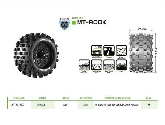 Louise RC MT-RockTyres Pre Glued on Black Wheels With Adjustable 12/14/17mm Hex (2)