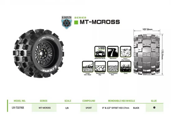 Louise RC MT-McRoss 3.8 Tyres on Black Adjustable 17mm Hex Wheels (2)