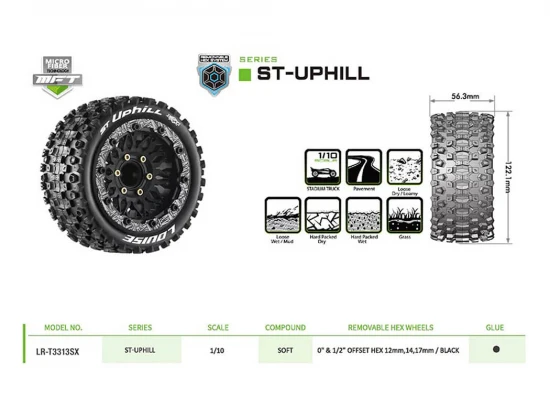 Louise RC ST-Uphill Tyres Pre Glued on Black Wheels With Adjustable 12/14/17mm Hex (2)