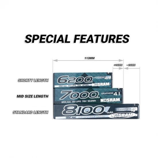 Nosram LiPo 7000mAh G4.1 HV Mid Size - 7.6v 2S HV - 5mm Tubes