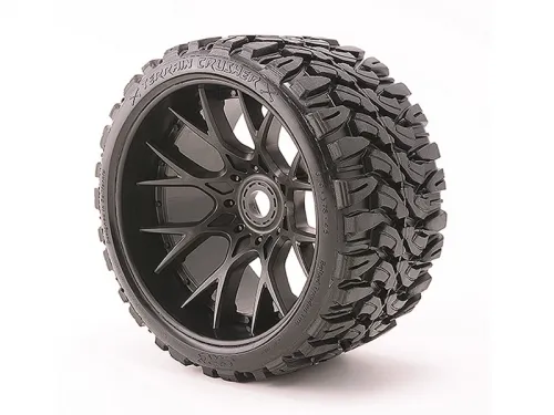 Sweep Terrain Crusher Belted Tyres Mounted on Black 17mm Hex 1/2 Inch Offset Wheels - 1 Pair