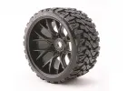 Sweep Terrain Crusher Belted Tyres Mounted on Black 17mm Hex 1/2 Inch Offset Wheels - 1 Pair