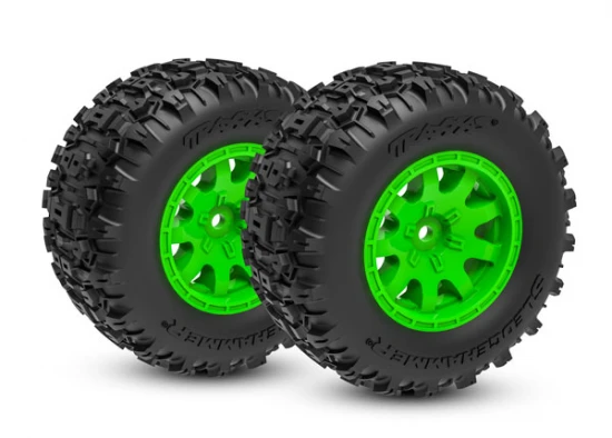 Traxxas Tyres + wheels, assembled (green wheels, dual profile (2.1 outer, 2.6 inner), Sledgehammer tyres, foam inserts) (rear) (2)