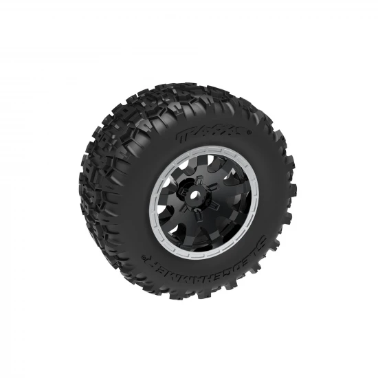 Traxxas Tyres + wheels, assembled (black with satin beadlock wheels, dual profile (2.1 outer, 2.6 inner), Sledgehammer tyres, foam inserts) (rear) (2)