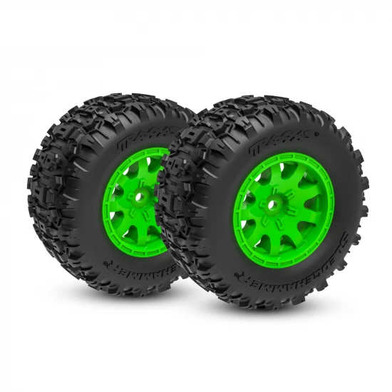 Traxxas Tyres + wheels, assembled (green wheels, dual profile (2.1 outer, 2.6 inner), Sledgehammer tyres, foam inserts) (front) (2)