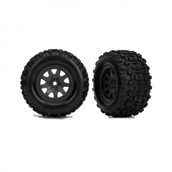 Traxxas Tyres + Wheels, Assembled (Black with Satin beadlock wheels, dual profile (2.1 outer, 2.6 inner), Sledgehammer tyres, foam inserts) (front) (2)