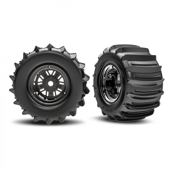 Traxxas Wheels + Tyres, assembled, glued (Pro Scale Sand Car Race black chrome wheels, belted paddle tyres, dual profile (3.6 outer, 4.7 inner), foam inserts) (rear) (1 left, 1 right)