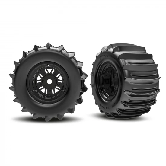 Traxxas Wheels + Tyres, assembled, glued (Pro Scale Sand Car Race black wheels, belted paddle tyres, dual profile (3.6 outer, 4.7 inner), foam inserts) (rear) (1 left, 1 right)