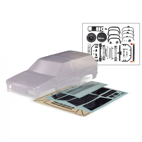 Traxxas Body, Nissan Pathfinder (1988) (clear, requires painting)/ decals/ window masks (includes grille, side mirrors, door handles, windshield wipers, clipless mounting, hardware) (requires 8080X inner fenders)