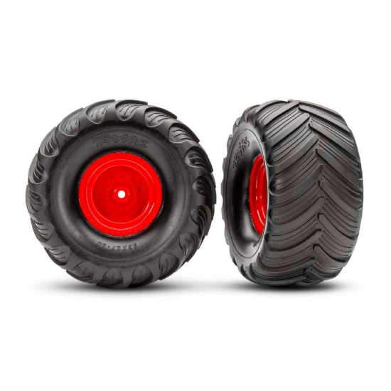 Traxxas Red Monster Truck Wheels + Terra Groove Tyres (2)