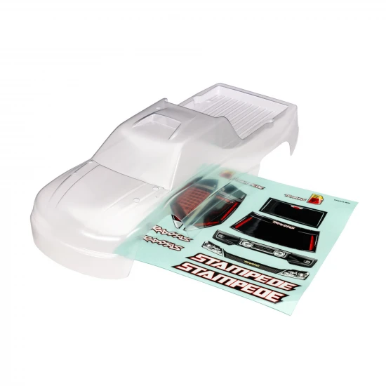 Traxxas Body, Stampede (also fits Stampede VXL) (clear, requires painting)/ window, lights, grille decal sheet (for clipless mounting)