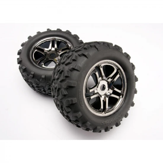 Traxxas Tires wheels assembled glued (SS (Split Spoke) black chrome wheels MAXX tires (6.3 outer diameter) foam inserts) (2) (use with 17mm splined wheel hubs nuts part 5353X) (fits MAXX/Revo series) (TSM rated)