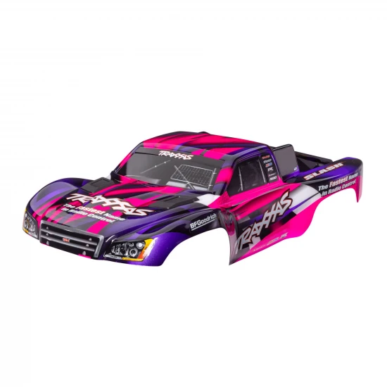 Traxxas Body, Slash 2WD (also fits Slash VXL + Slash 4X4), pink + purple (painted, decals applied) (assembled with front + rear latches for clipless mounting)