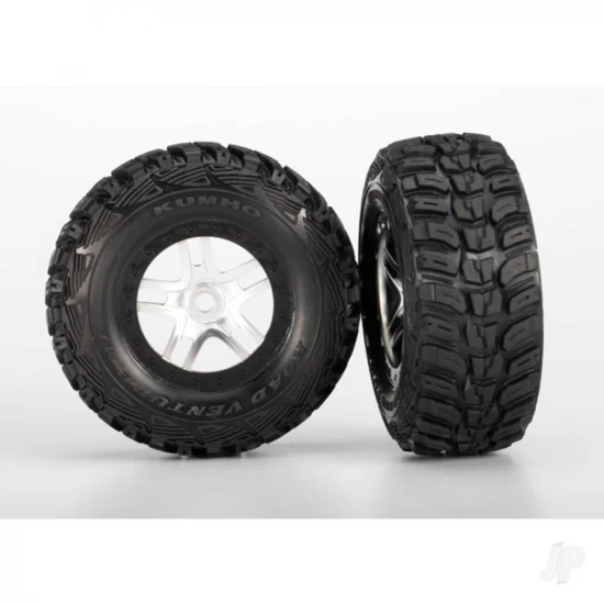 Traxxas Tires wheels assembled glued (S1 ultra-solft off-road racing compound) (SCT Split-Spoke satin chrome black beadlock style wheels dual profile (2.2 outer 3.0 inner) Kumho tires foam inserts) (2) (front/rear)