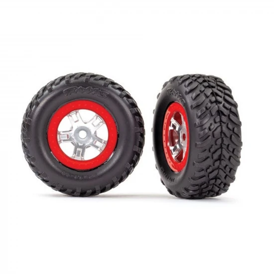 Traxxas Tires and wheels assembled glued (SCT satin chrome wheels red beadlock style SCT off-road racing tires foam inserts) (1 each right left) ** CLEARANCE **