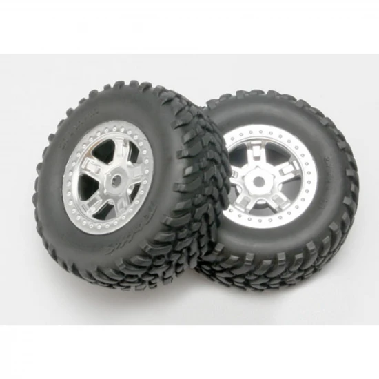 Traxxas Tires and wheels assembled glued (SCT satin chrome wheels SCT off-road racing tires foam inserts) (1 each right left)