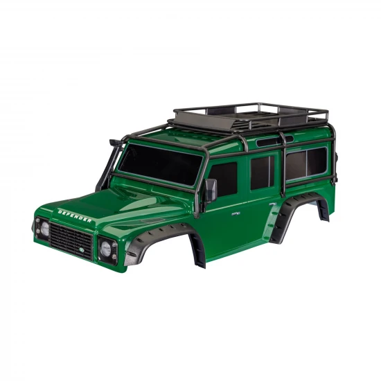 Traxxas Body, Land Rover Defender, Green (complete with ExoCage, fuel canisters, jack, spare tyre mount + clipless mounting)
