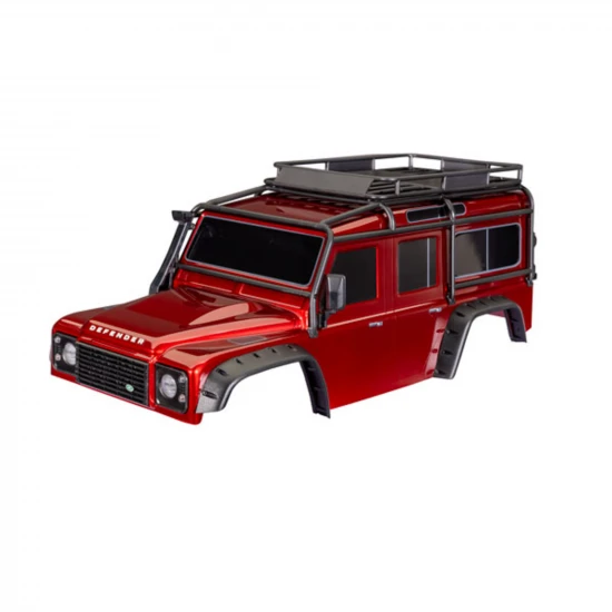 Traxxas Body, Land Rover Defender, Red (complete with ExoCage, fuel canisters, jack, spare tyre mount + clipless mounting)