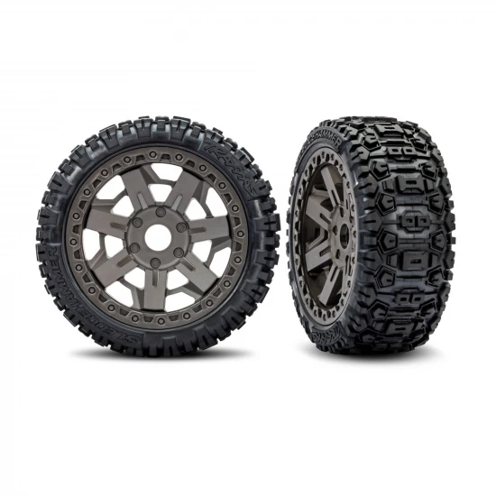 Traxxas Wheels + Tyres, Assembled, Glued (3.0 Grey wheels, Sledgehammer belted tyres, foam inserts) (2)