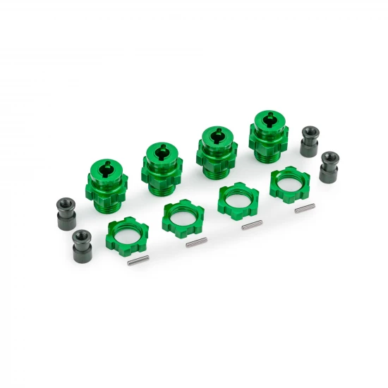 Traxxas Wheel hubs, splined, 17mm, short (Green-anodised) (4), wheel nuts, splined, 17mm (Green-anodised) (4), hub retainer M4 X 0.7 (4), axle pin (4) (for use with 9080 upgrade kit)