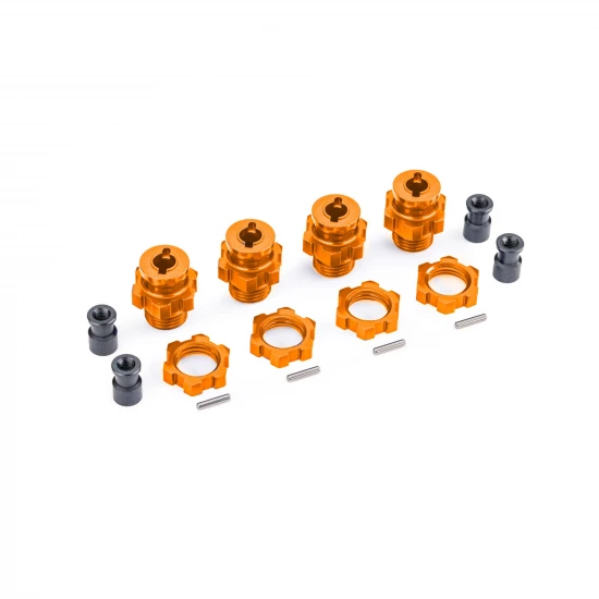 Traxxas Wheel hubs, splined, 17mm, short (Orange-anodised) (4), wheel nuts, splined, 17mm (Orange-anodised) (4), hub retainer M4 X 0.7 (4), axle pin (4) (for use with 9080 upgrade kit)