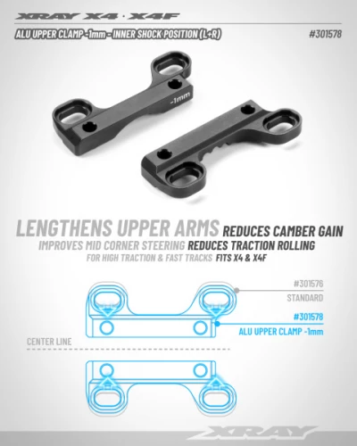 XRay X4 Aluminium Upper Clamp -1mm - Inner Shock Position - Swiss 7075 T6 (L R) ** CLEARANCE **