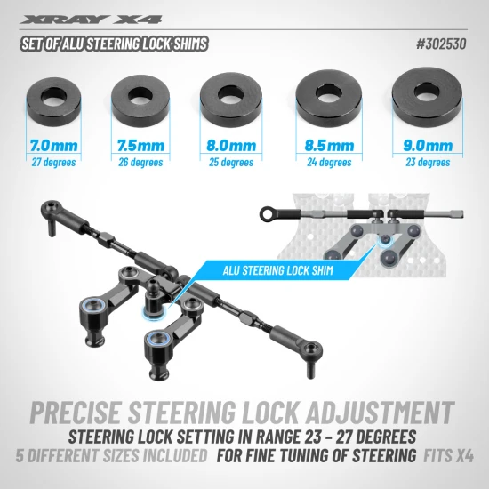 XRay Set Of Aluminium Steering Lock Shims (3X7/7.5/8/8.5X2mm)