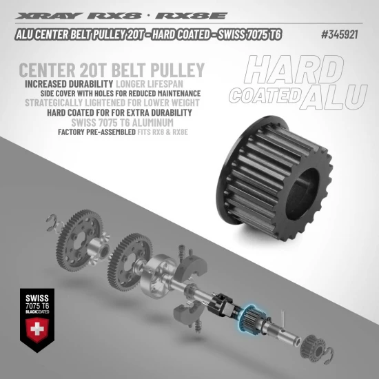 XRay Aluminium Center Belt Pulley 20T - Hard Coated - Swiss 7075 T6