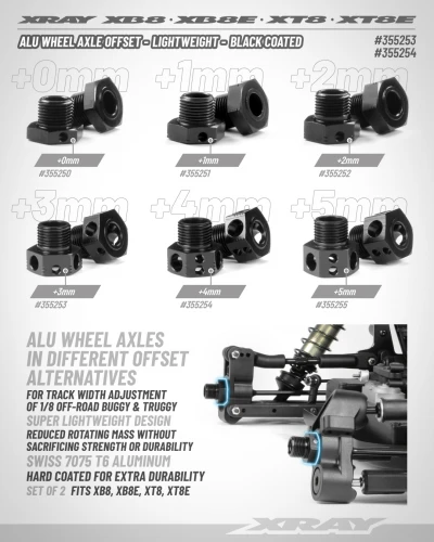 XRay Aluminium Wheel Axle Offset 4mm - Lightweight - Black Coated (2)