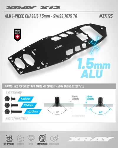 XRay X12 Aluminium 1 Piece Chassis For Floating Servo - 1.5mm - Swiss 7075 T6