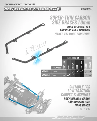 XRay X12 Carbon Side Brace For 1 Piece Chassis 1.0mm (2)